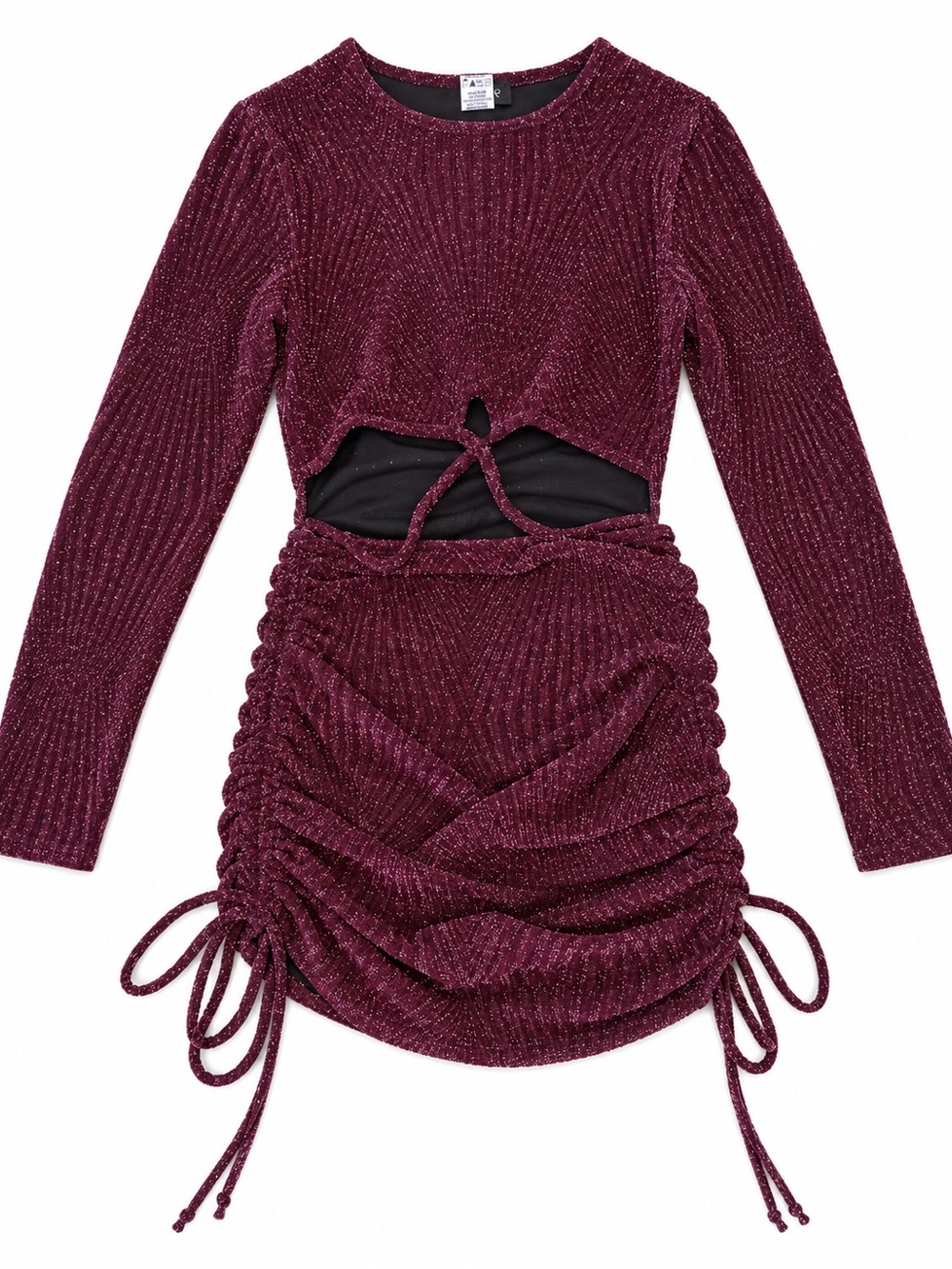 Small Women's Burgundy Glitter Ruched Cutout Sweater Mini Dress